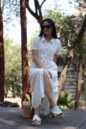 VESTIDO LARGO DE BORDADO SUIZO BLANCO TERRA