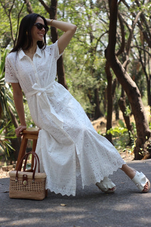 VESTIDO LARGO DE BORDADO SUIZO BLANCO TERRA