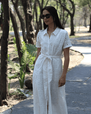 VESTIDO LARGO DE BORDADO SUIZO BLANCO TERRA