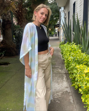 KIMONO LARGO VELO VERDE CON AZUL CON CINTURON