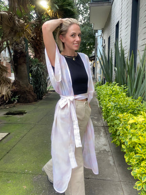 KIMONO LARGO VELO ROSA Y AMARILLO CON CINTURON